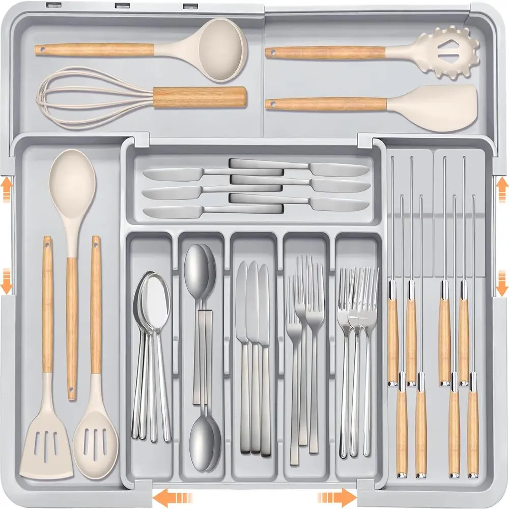 Adjustable Kitchen Utensil Organizer with 2 Knife Blocks, BPA-Free, Expandable Plastic Storage for Cutlery and Silverwar