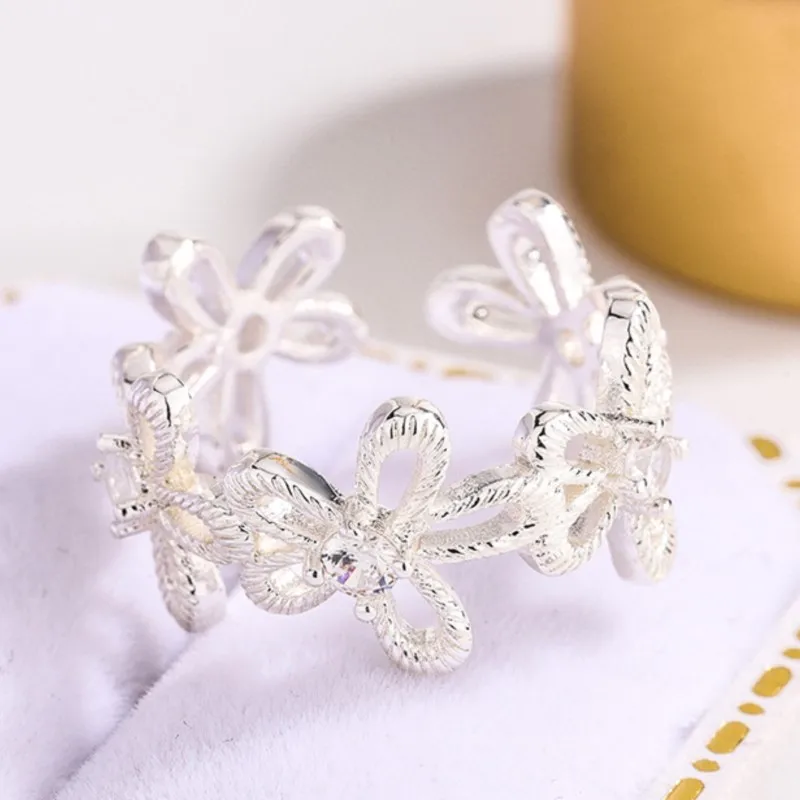 

VENTFILLE 925 Sterling Silver Ring For Women Flower with Flower Crystal Cute Adjustable Jewelry Birthday Gift Dropshipping