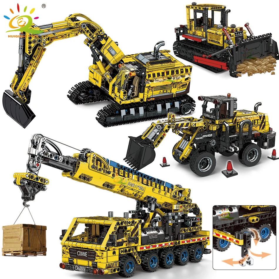 HUIQIBAO Moc Engineering Truck model Building Block Excavator Crane Car City Construction Tech Brick Set For Children Kids Gift