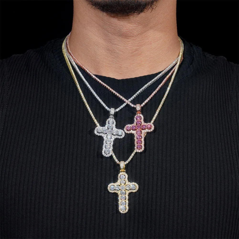 IsRainy 925 Sterling Silver Round D Color Multicolor Moissanite Diamond Cross Pendant For Women Men Anniversary Fine Jewelry