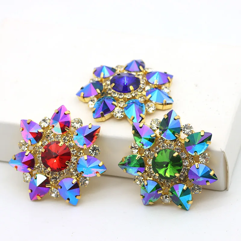 3pcs 43mm Flower Teardrop Colour Rhinestone Alloy Button Buckle Bead For Sewing Apparel Clothes Hat Bag Shoe Ornaments Craft Diy