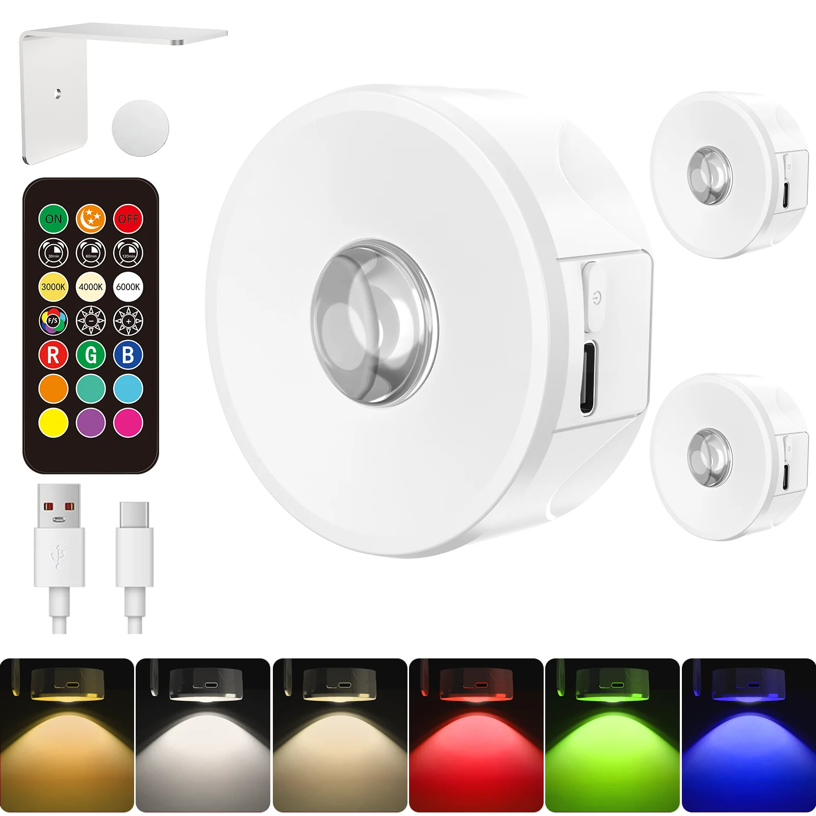 

3 PCS RGB Rechargeable Night Lights USB Night Lampwith Remote Control Dimmable Timing Function for Kitchen Cabinet Shelf