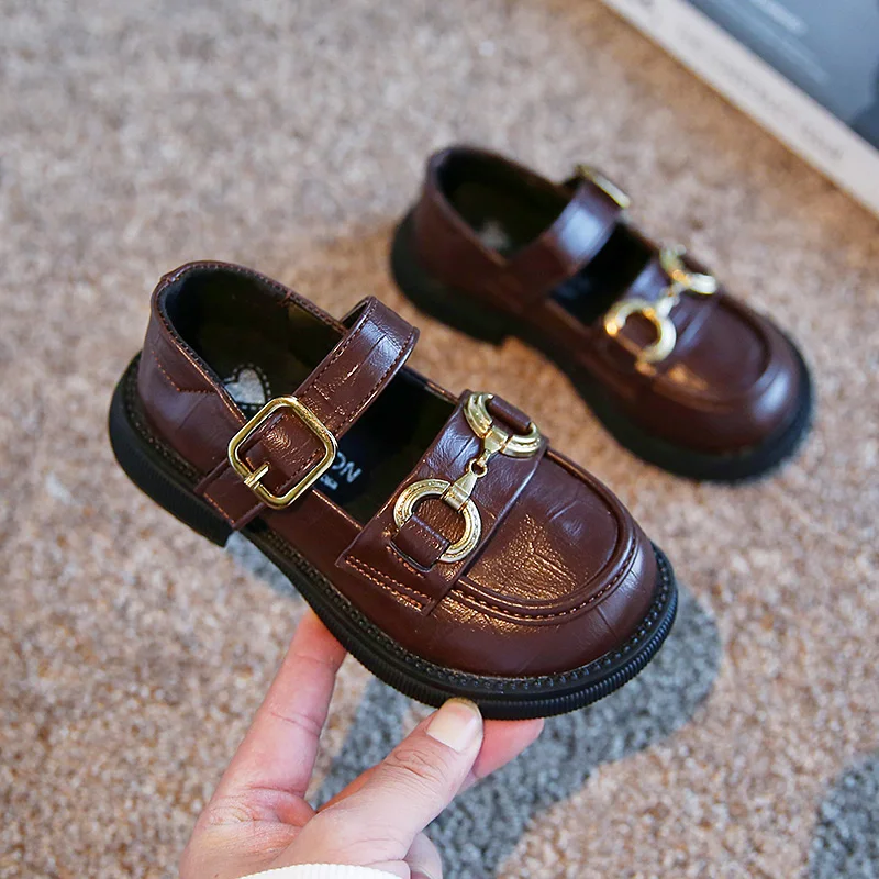 2024 Spring Autumn Kids Girls Leather Shoes Korean Style Little Girl Princess Shoes Anti Slip Thick Soled Casual Single Shoes