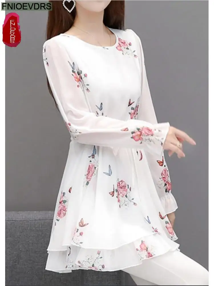 2022 Women Retro Elegant Office Lady Vintage Loose Floral Print Ruffles Peplum Tops Belly Long Tunic Basic Shirts Blouses 4239