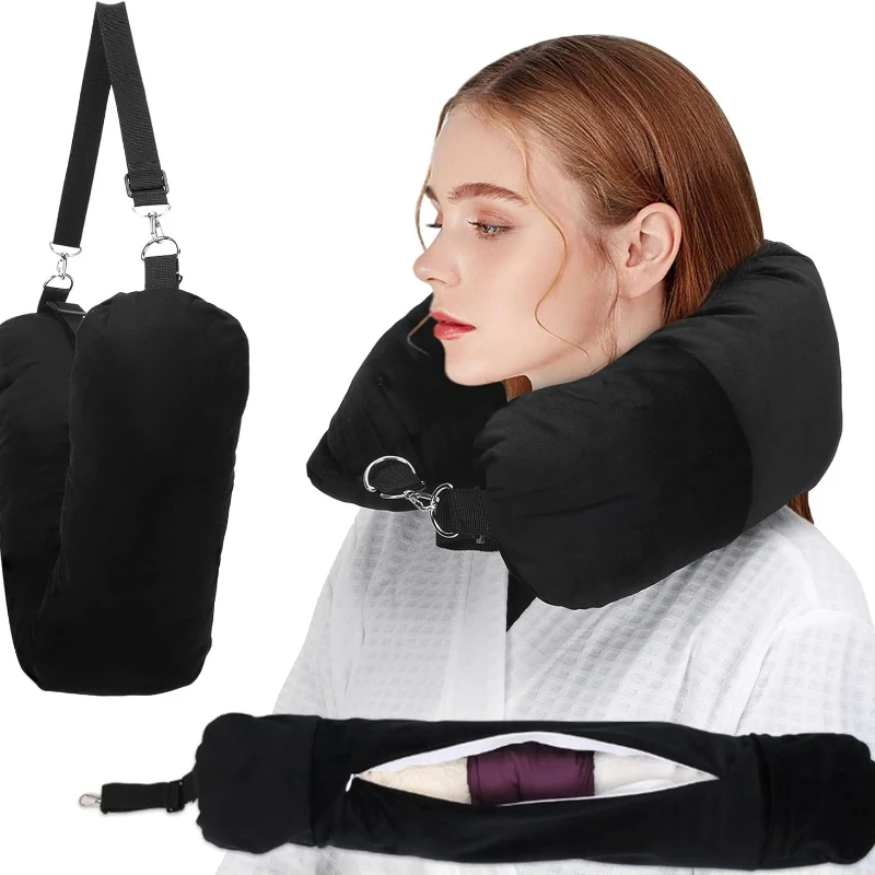 Stuffable Travel Neck Pillow, Soft and Comfortable Stuffable Airplane Pillow, Adjustable Neck Fit, Carry-on Suitcase, Black