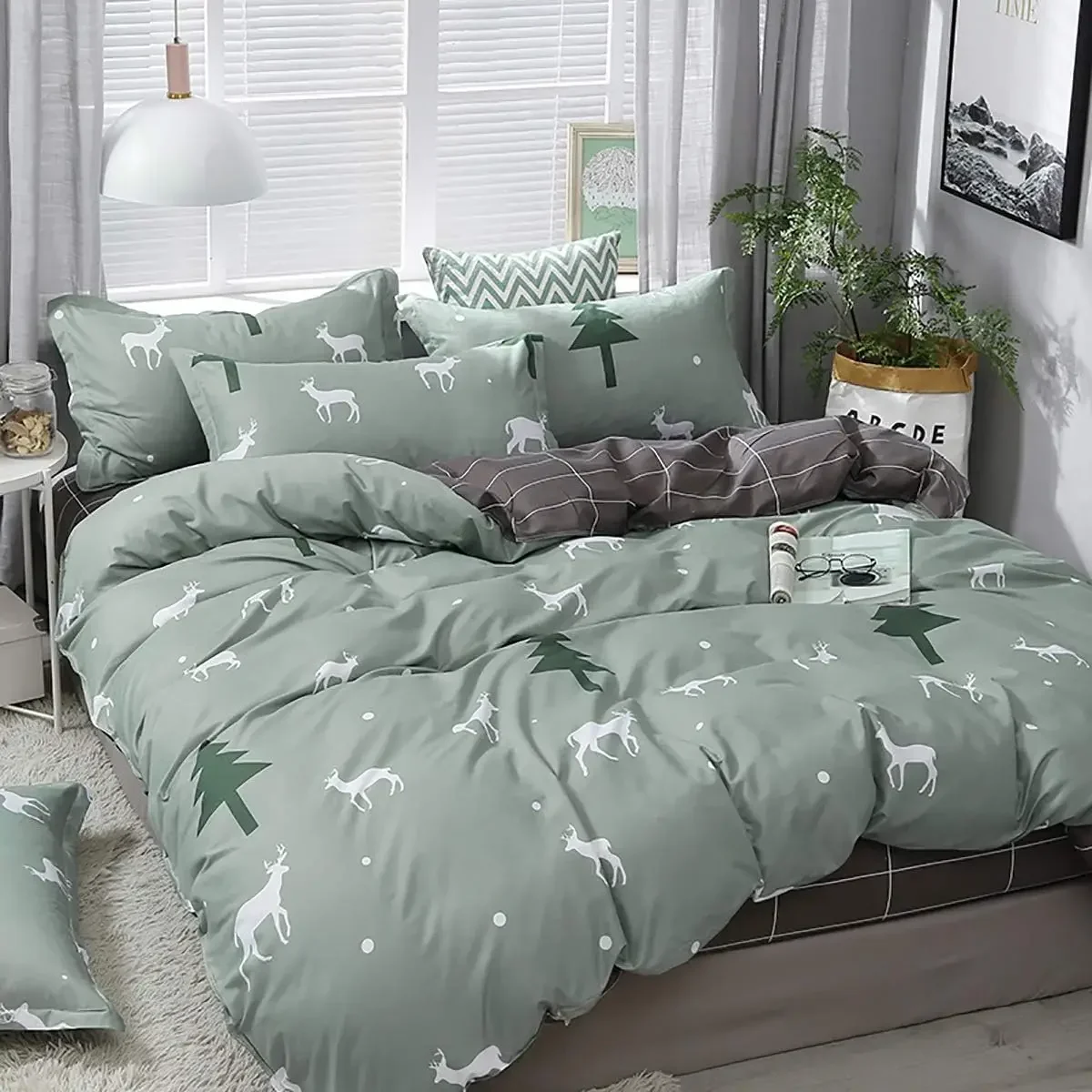 Duvet Cover Set Sage Green Queen Size Christmas Cartoon Elk Deer Tree Bedding Set Soft Microfiber Comforter Cover for Girls Boys