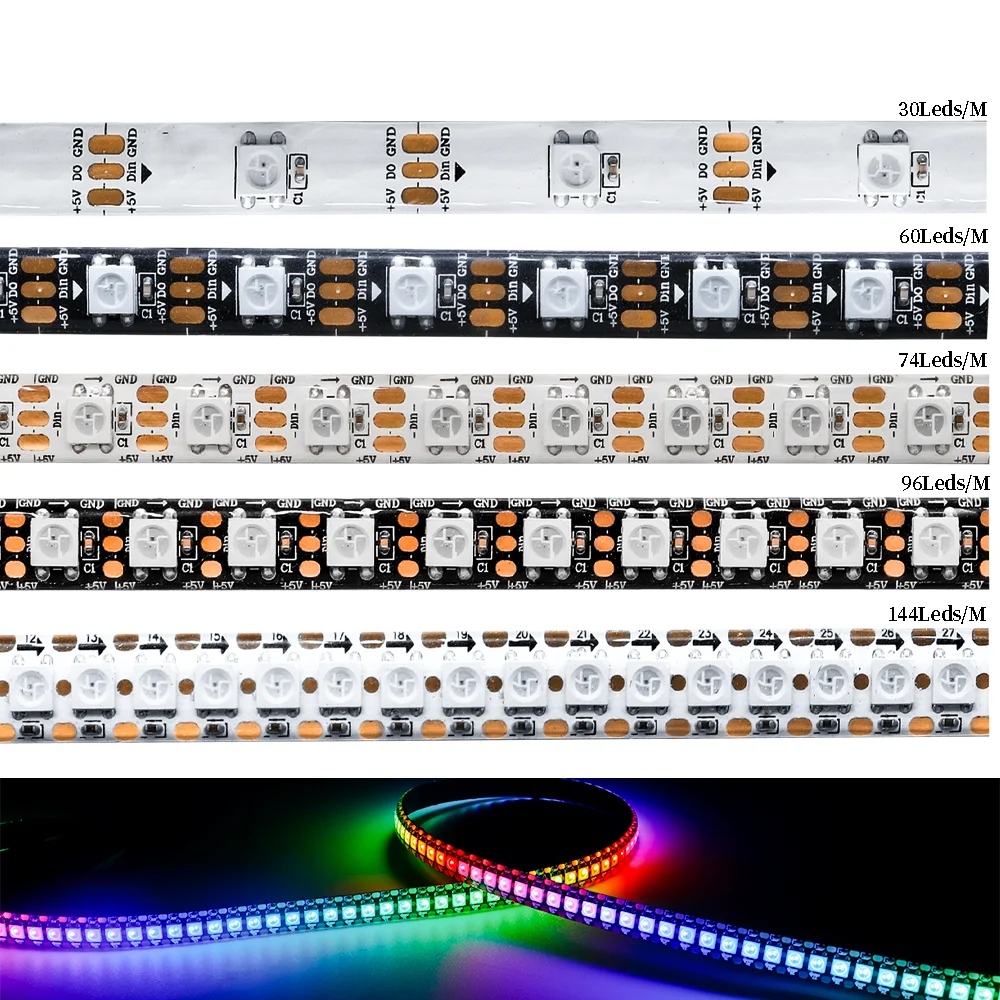 

5050 SMD WS2812B Smart Addressable led strip lights 74 96 144 LEDs/m WS2812 Dream color Programmable LED strips tape bar DC5V