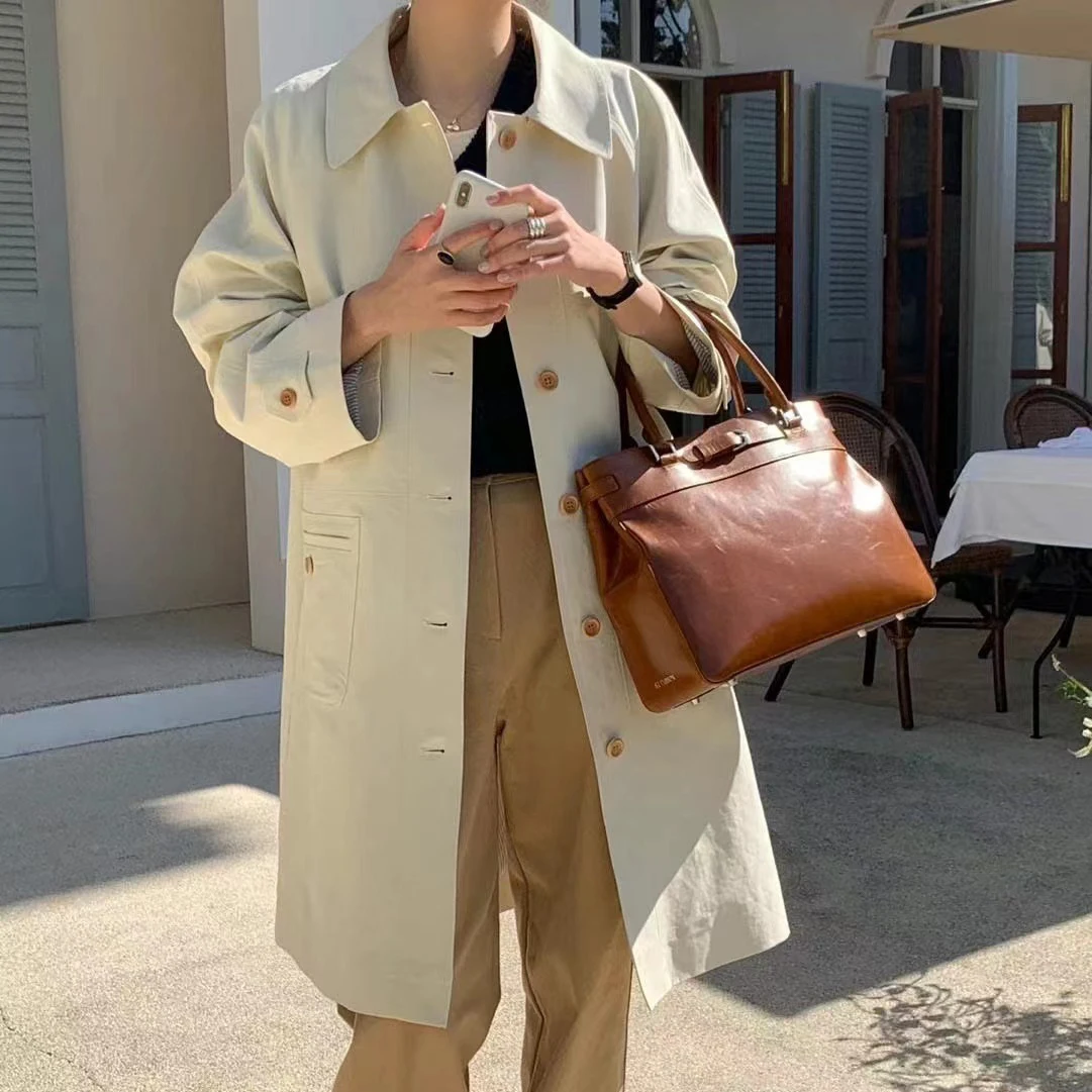 

Early Autumn Casual Faionable Single-Button Double-ket Simple Versatile Women's Coat Straight-Body Fit Long Sve Midi