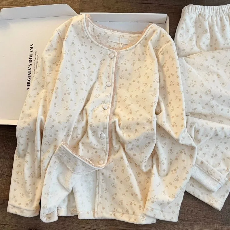 Womens Winter Thermal Pajama Set Floral Print Lace Trim Long Sleeve Sweet Loungewear Two Piece Suit Wearable Outside