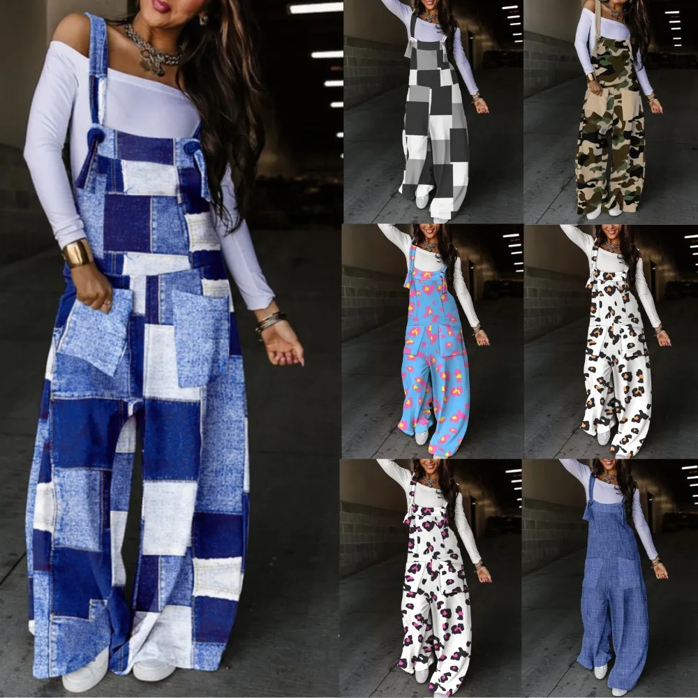 

2026 Amazon Wish Independent Station Cross-Border New Style Autumn Printed Waist-Tightening Strap Overalls Long Pants For Women