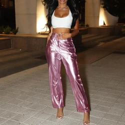 Women's High Waisted PU leather pants candy colored casual Clubwear Night Party Long Pants