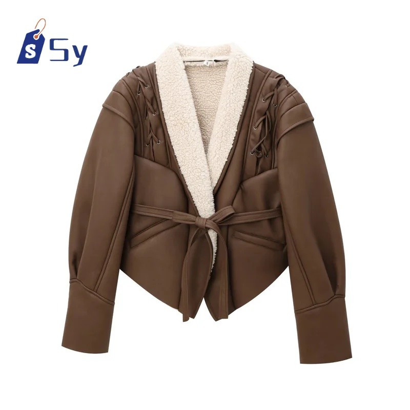 Sy 2024fashion Warm Furry Leather Woman Jacket With Belt Chic Lapel Long Sleeve Motorcycle Coat Lady Winter High Outerwear