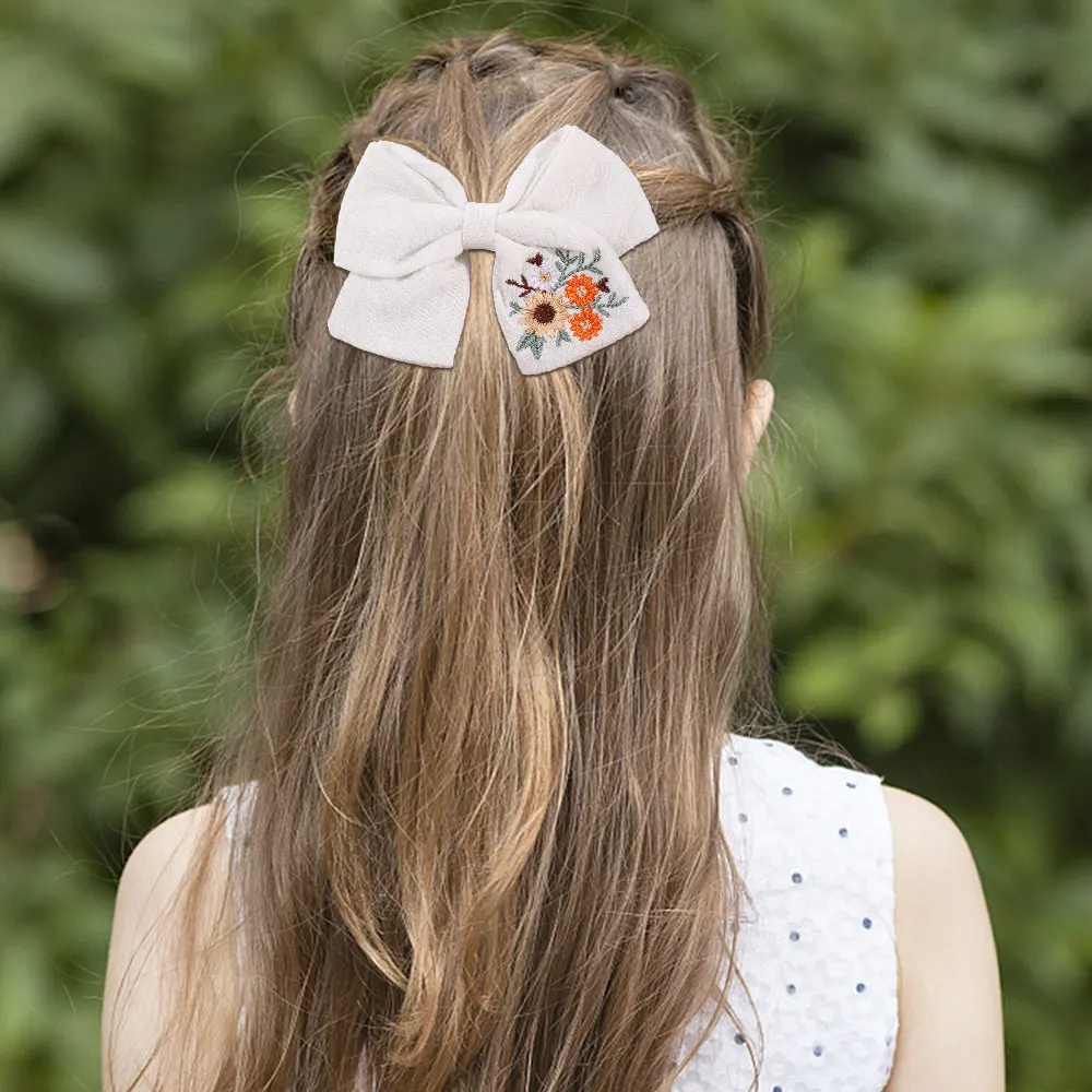 2Pcs Embroidered Flower Hair Bows Clips For Girls Cute Bowknot Hairpin Kids Ribbon Barrettes Headwear Hair Accessories