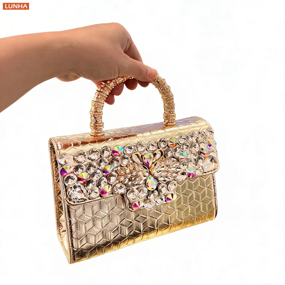 Women Luxury Rhinestone Mini Box Wedding Clutch Purse Flap Handbag Metallic PU Leather Top-Handle Evening Bag For Cocktail Party