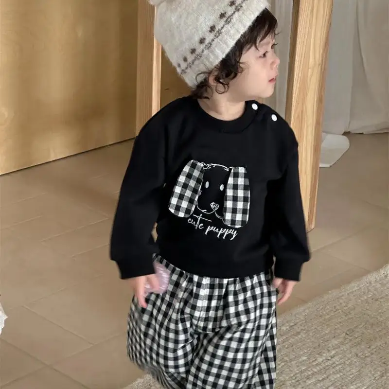 

2025 Autumn New Baby Long Sleeve Clothes Set Boys Cute Cartoon Sweatshirt + Plaid Pants 2pcs Suit Infant Toddler Casual Outfits