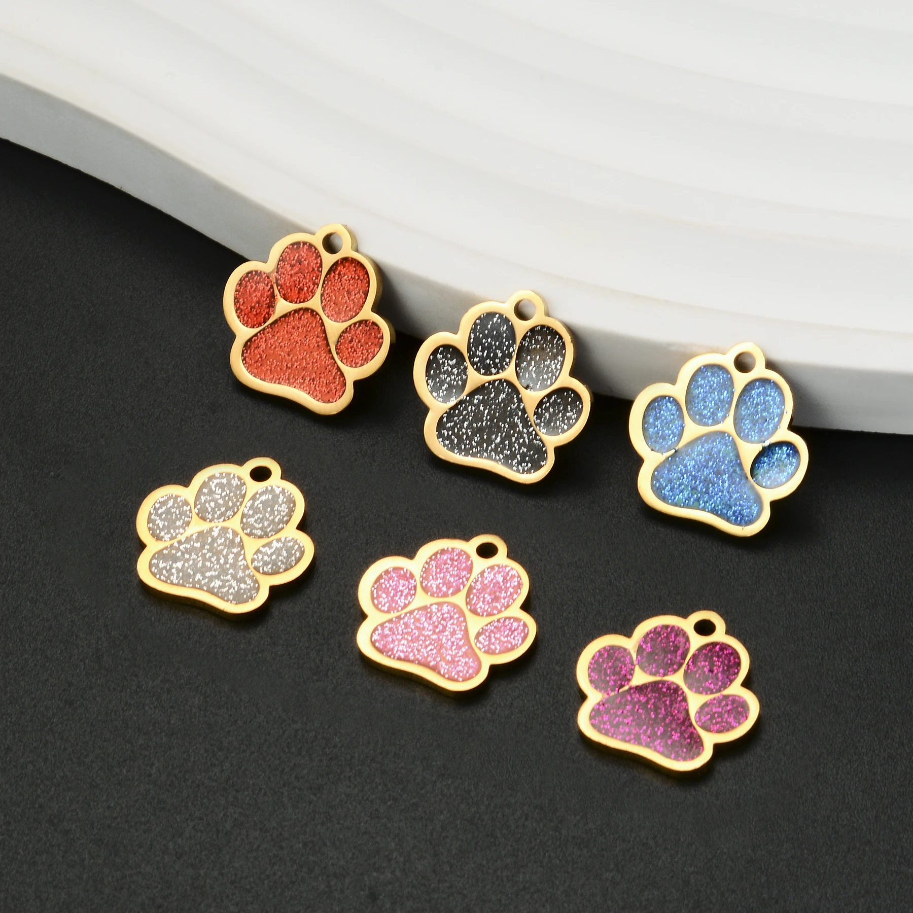 1PC Glitter Pet Paw Charm Accessories for DIY Necklace Bracelet Pendant Stainless Steel Enamel Jewelry