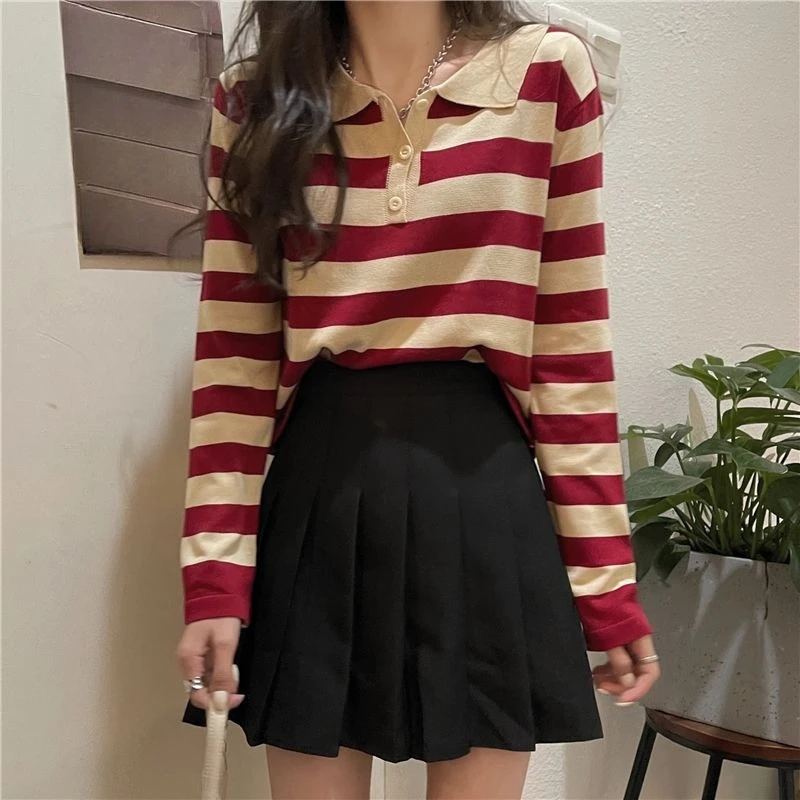 Stylish Striped Polo Neck T-Shirt for Women 2026 Fall Short Sleeve Chic Outerwear with Unique Design​