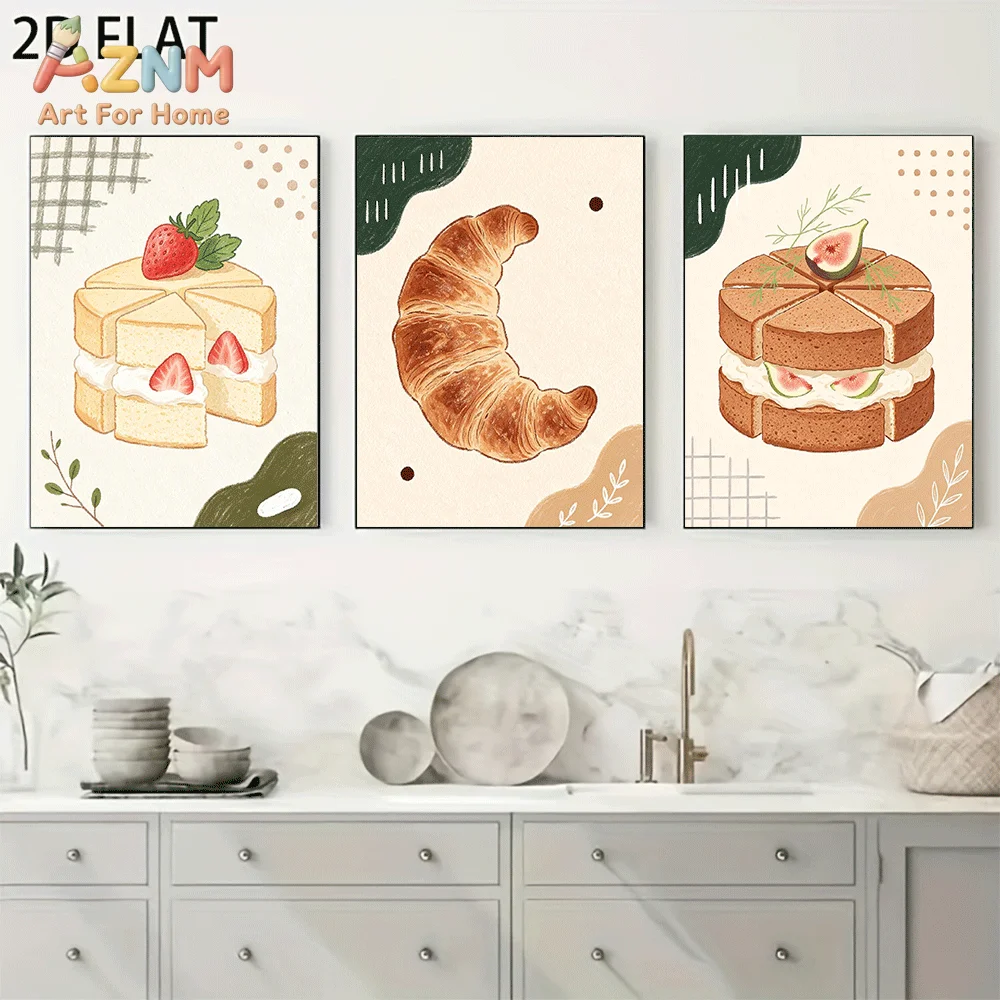 AZNM Frameless Canvas Wall Art, Hand Drawn Croissant Strawberry Fig Cake Print, Cute Pastry Food Art Wall Decor for Kitchen Dini
