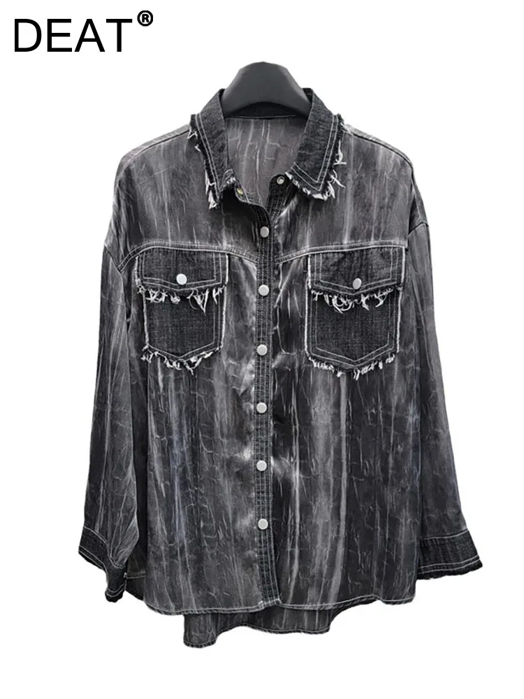 

DEAT Womne's Shirt Washed Patchwork Denim Pockets Burrs Edge Die-tie Long Sleeve Loose Blouse 2024 Autumn New Fashion 33A1703