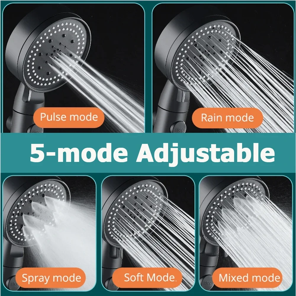 5 Modes Handheld Shower Head with ON/OFF Switch High Pressure Bathroom Shower Head Spray Nozzle with 1.5M Hose and Holder