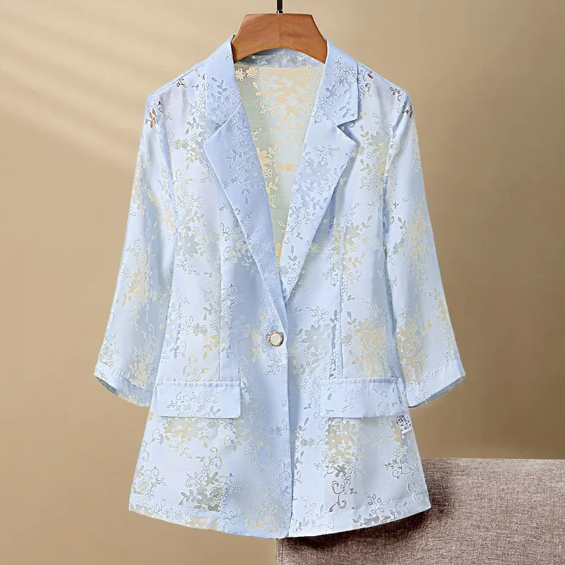 Thin lace Suit Jacket Women's 2024 Summer New Sunscreen Coat Outwear Hollow Seven-Point Fashion Blazer High-Quality Female Top