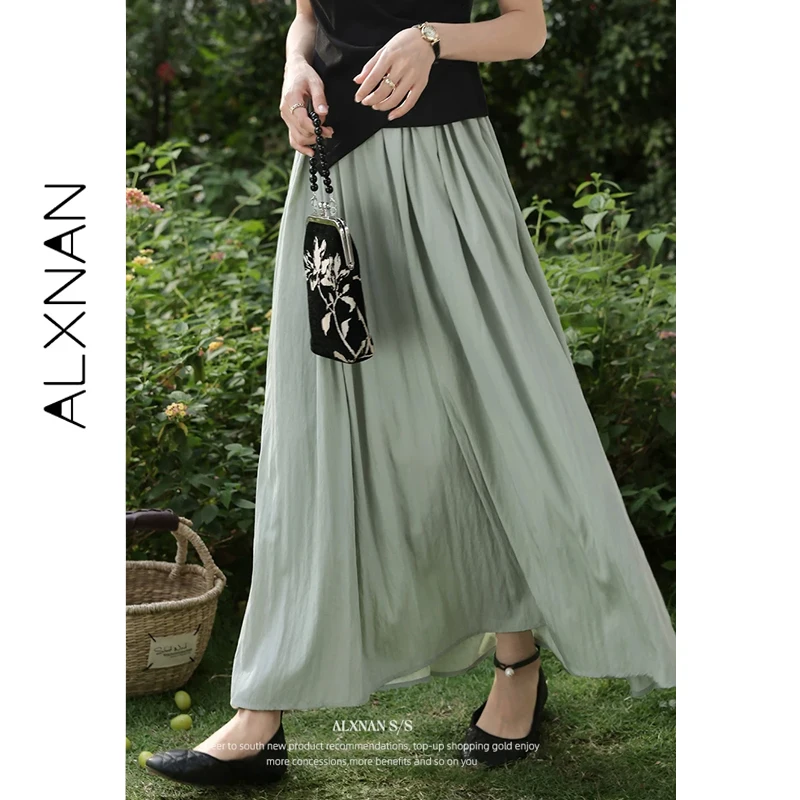 

ALXNAN Women's Skirt Green Long A-line Loose-fit Fashion High-waist Skirts 2026 Summer Elegant Casual Female Clothing L551160