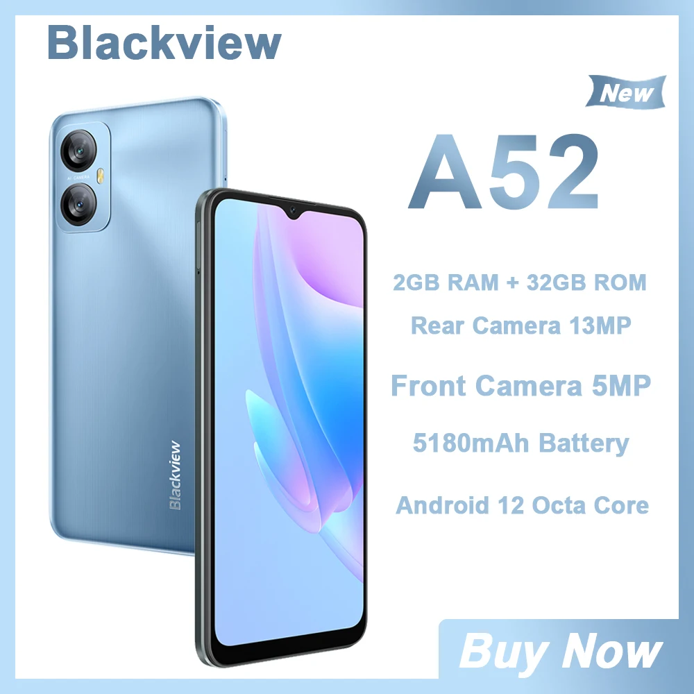 Blackview-teléfono inteligente A52 de 6,5 pulgadas, móvil con Android 12, Octa Core, 5180mAh, 4G Dual, cámara trasera de 13MP, Google Play