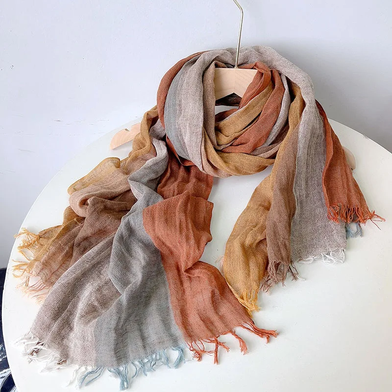 Johnature 2024 New Thin Cotton Linen Striped Scarf Four Seasons Versatile Soft Neck Guard Silk Scarf Women's Travel Shawl Scarf