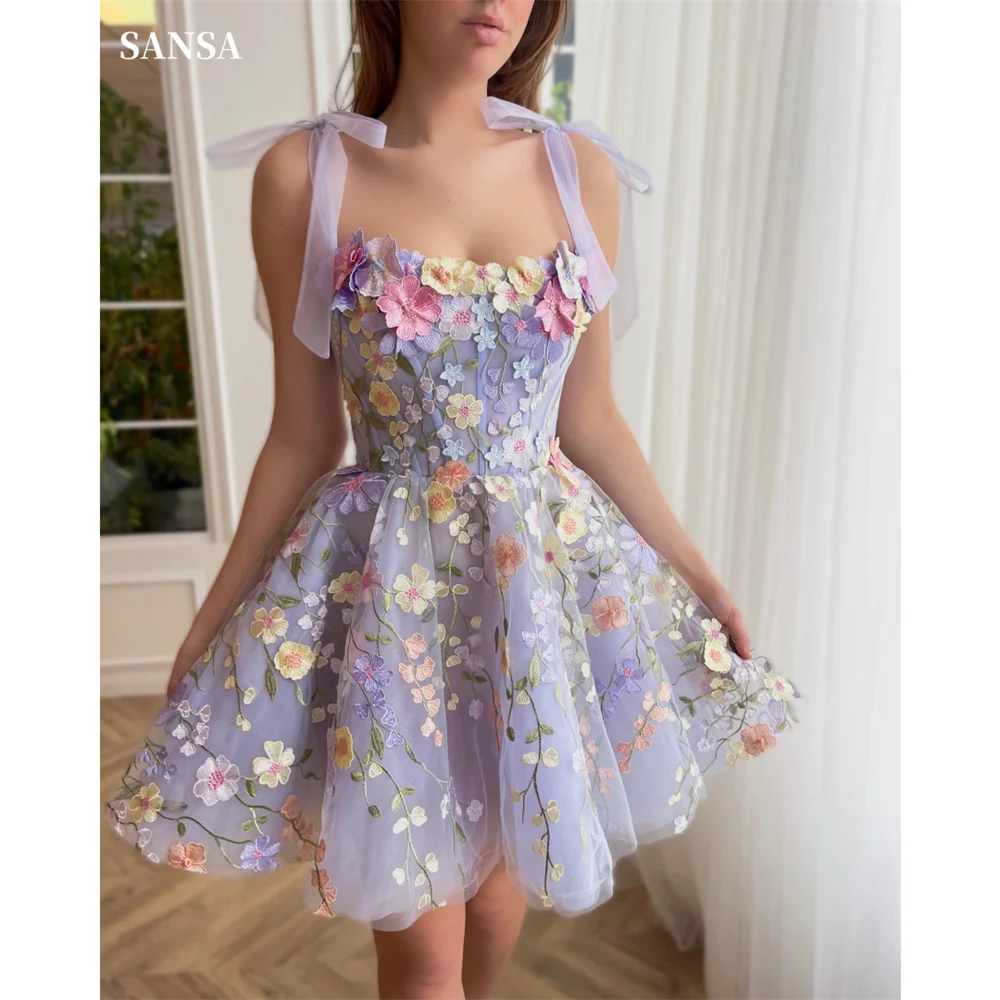 

Sansa Lavender Sweetheart Sleeveless Tulle Prom Dress 3D Flower Lace Embroidery Vestidos De Noche Mini Tulle Wedding Dress 2024