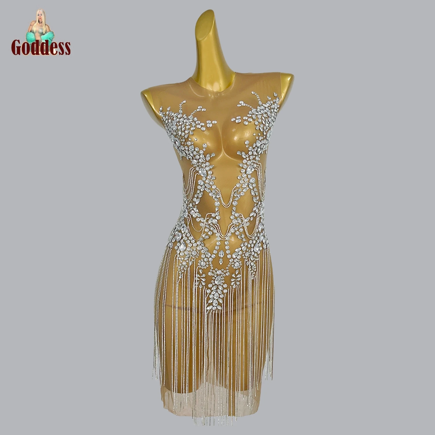 

High-end Custom Party Sexy Dress Women's Bodycon See Through Short Dress Sexy Silver Chain Tassel Transparent Shine Rhinestone