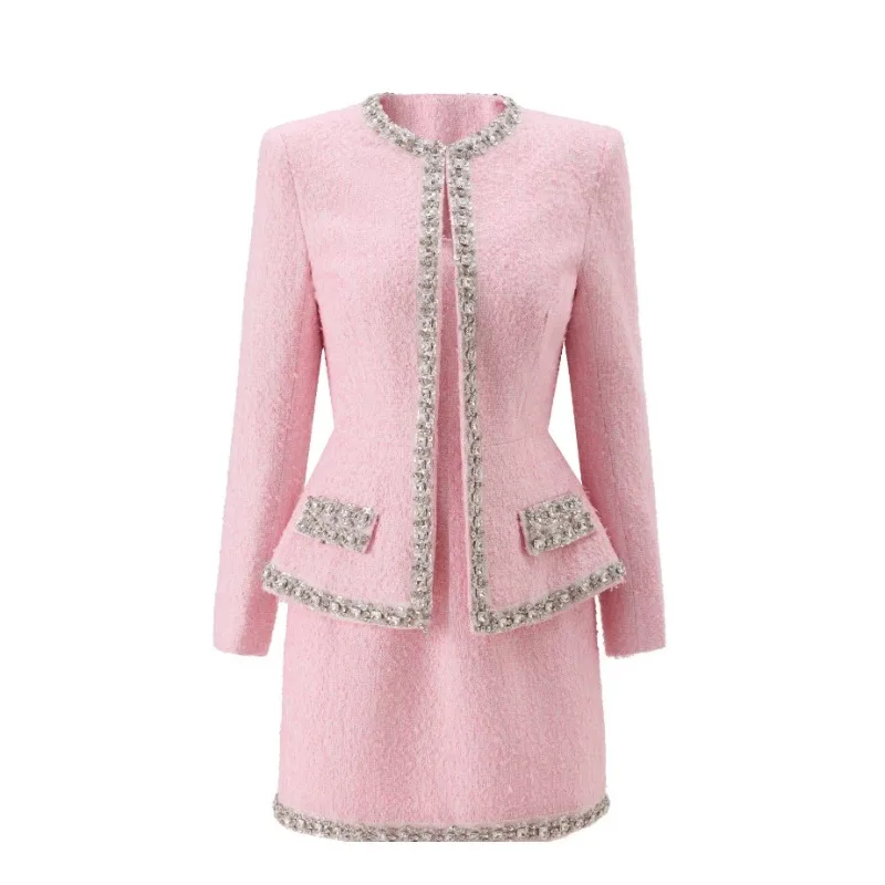 European and American Cross-border High-end Pink Suit Women's Batch Printing Women's Clothing Jacket Short Skirt Two-piece Set