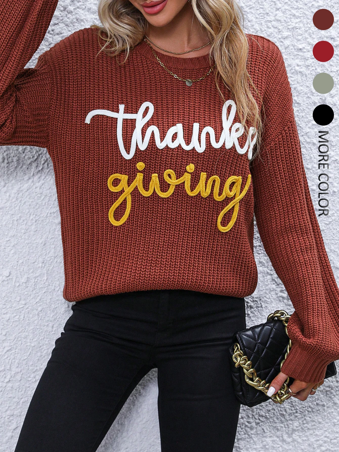 

Women's Casual Long Sleeve Crew Neck Knit Sweater Thanksgiving Letter Embroidery Pullover in Burgundy Red Black Grey