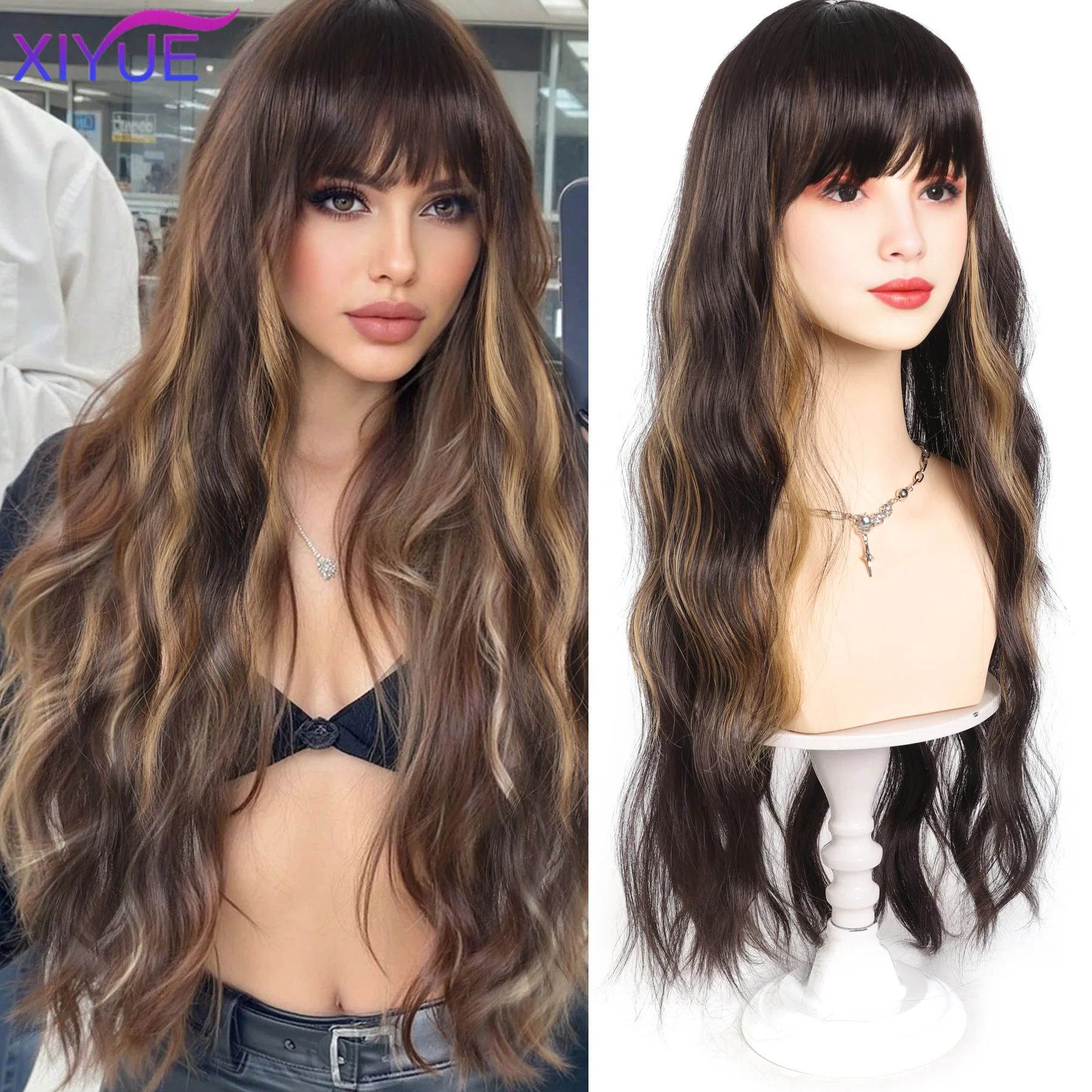 

XIYUE Ombre Коричневый Синтетический Длинный Волнистый Парик с Пушистой Челкой для Женщин Натуральные Волосы Коричневые Светлые Мелированные Парики для Ежедневного Косплея