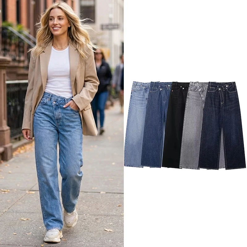 

Willshela Women Fashion Denim Solid Front Zipper Straight Pants Jeans Vintage High Waist Full Length Female Chic Lady Trousers