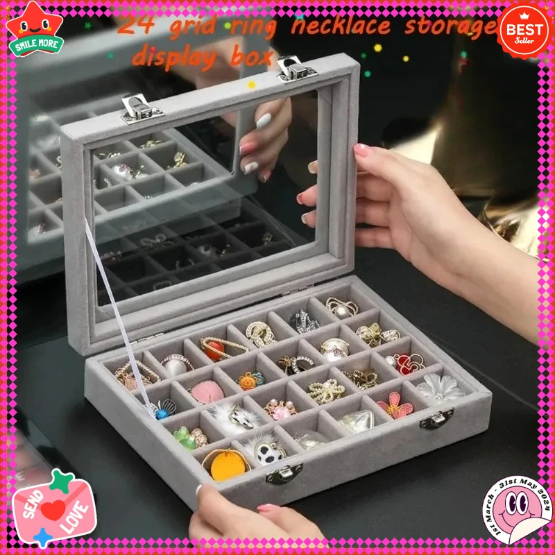 صندوق تخزين المجوهرات ذو 24 حجرة بسعة كبيرة - حافظة عرض نافذة شفافة للخواتم والقلائد والإكسسوارات