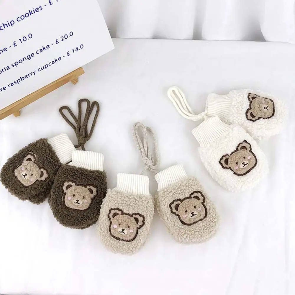 

1-3 Years Kids Keep Warm Windproof Thick Cartoon Children Bear Gloves Full Finger Mittens Kids Gloves Hanging Neck Gloves