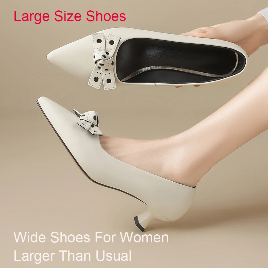 Wide Shoes For Women, Genuine Leather Cowhide Women's Pumps ,Bow Slip-On High Heels, Large Size Womes Shoes