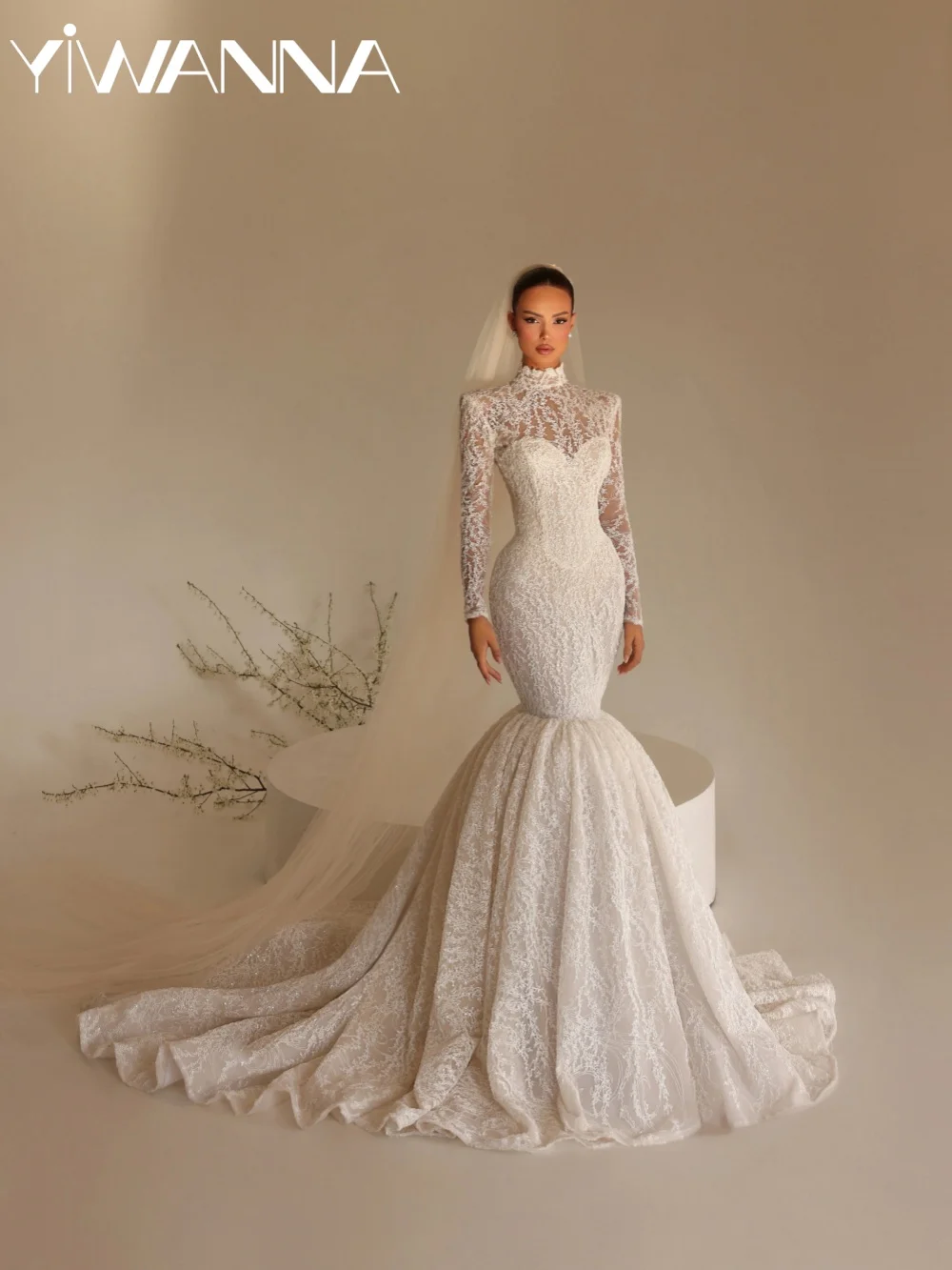 

Glamorous Beaded Lace Wedding Dress Modest High Collar Long Sleeve Bridal Gown New Customized Luxury MermaidDresses For Bride