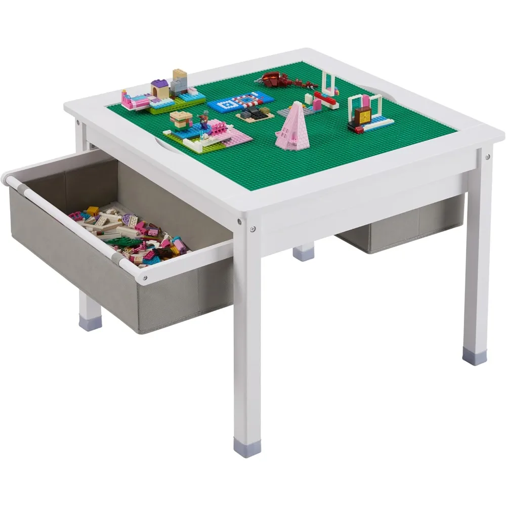 3 in 1 Kids Construction Play Table with Storage Drawers, Wooden Activity Table with 2 in 1 Detachable Blocks and Blackboard