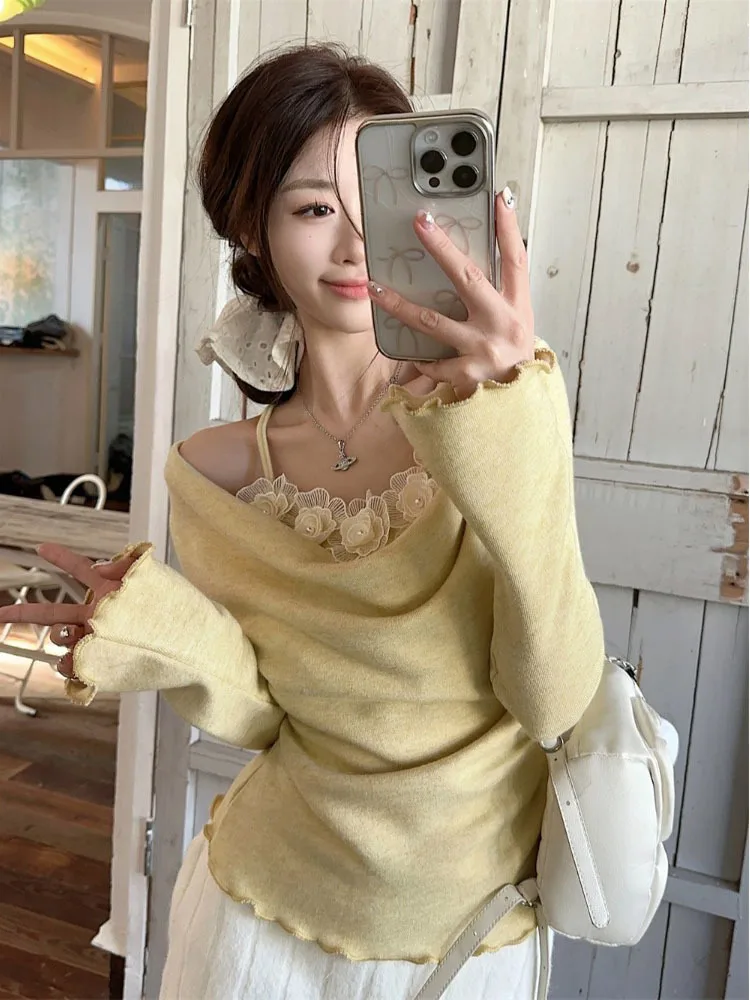 Fake Two Piece Off-shoulder Sweater Women Pure Design Wind Three Dimensional Flower Sweaters Swing Collar Pullover