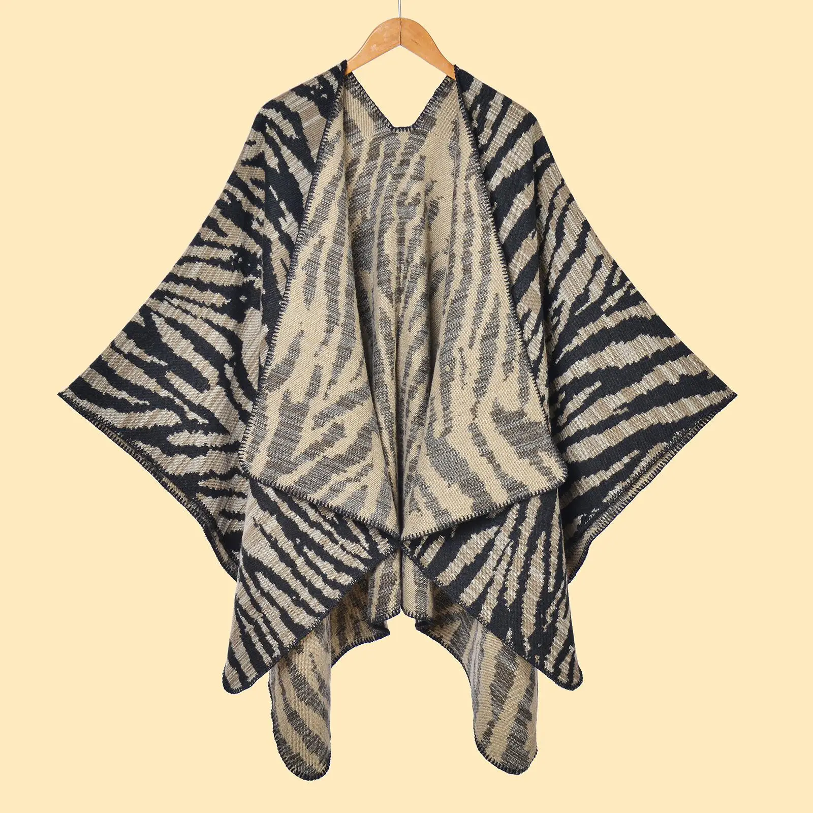 

Women's Autumn Winter Zebra Print Embroidered Open Split PONCHO AWL Faionable Wrap Cowl Ne Long Sve Poncho Coat