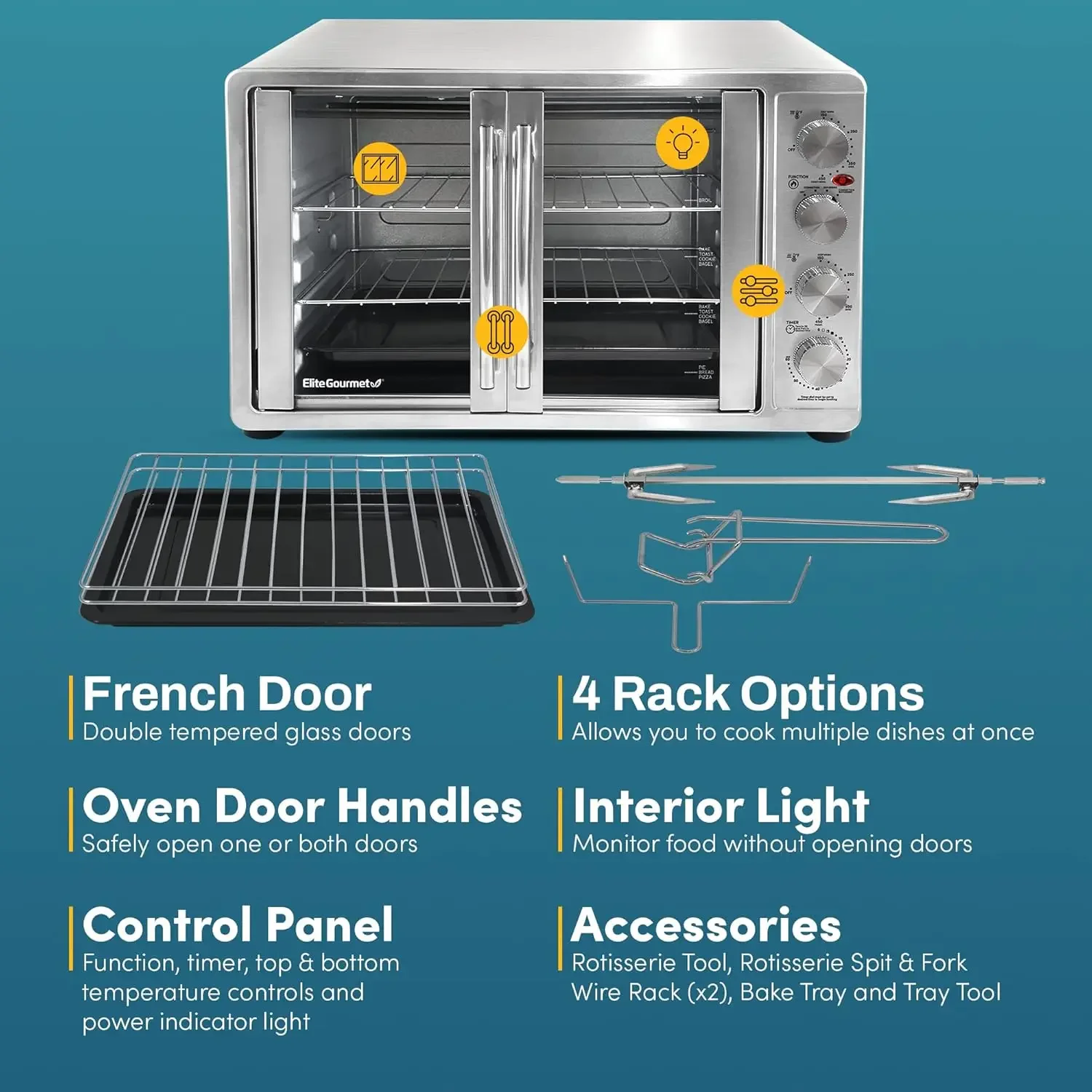 French Door 47.5Qt, 18-Slice Convection Oven 4-Control Knobs, Bake Broil Toast Rotisserie Keep Warm, Inc