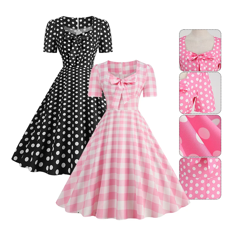 

Women Short Sleeves Vintage 50S 1950S Dress Square Neck A-Line Polka Dot Swing Evening Party Cocktail Dresses with Bow