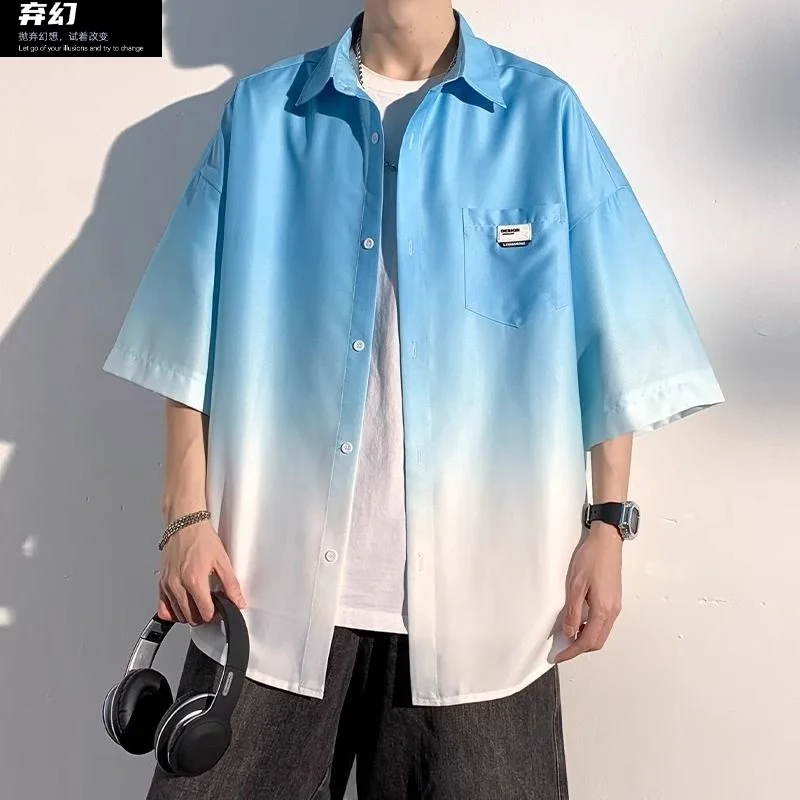 

Gradient blue shirt Men's loose summer thin short -sleeved couple sunscreen jacket