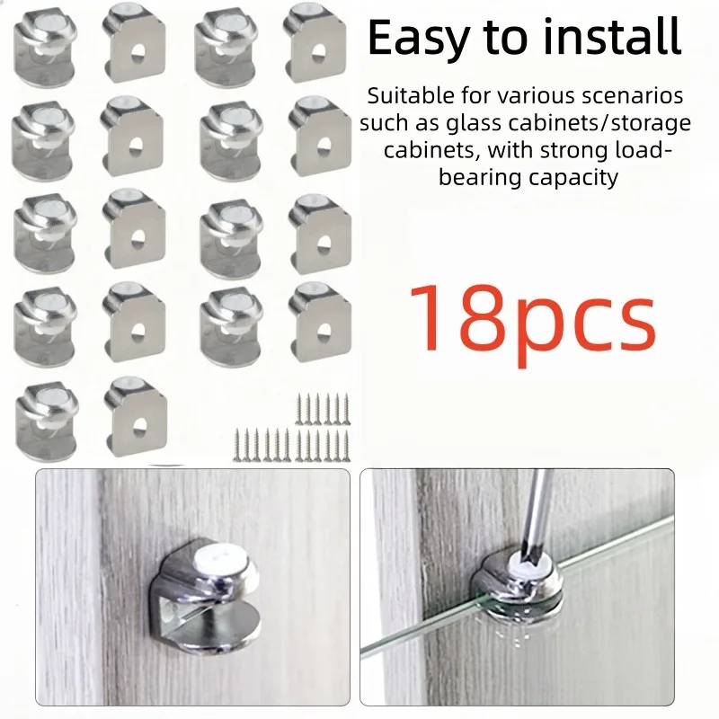 18-Piece Set of Adjustable Zinc Alloy Glass Clamps with Full Set of Mounting Screws, Glass Shelf Brackets, Glass Partition Fixing Clips, Suitable for 4-9mm Glass, Sturdy Metal Shelf Supports, Bathroom Panels, Display Cabinets, Household Hardware Accessories, Modern Minimalist Metal Texture
