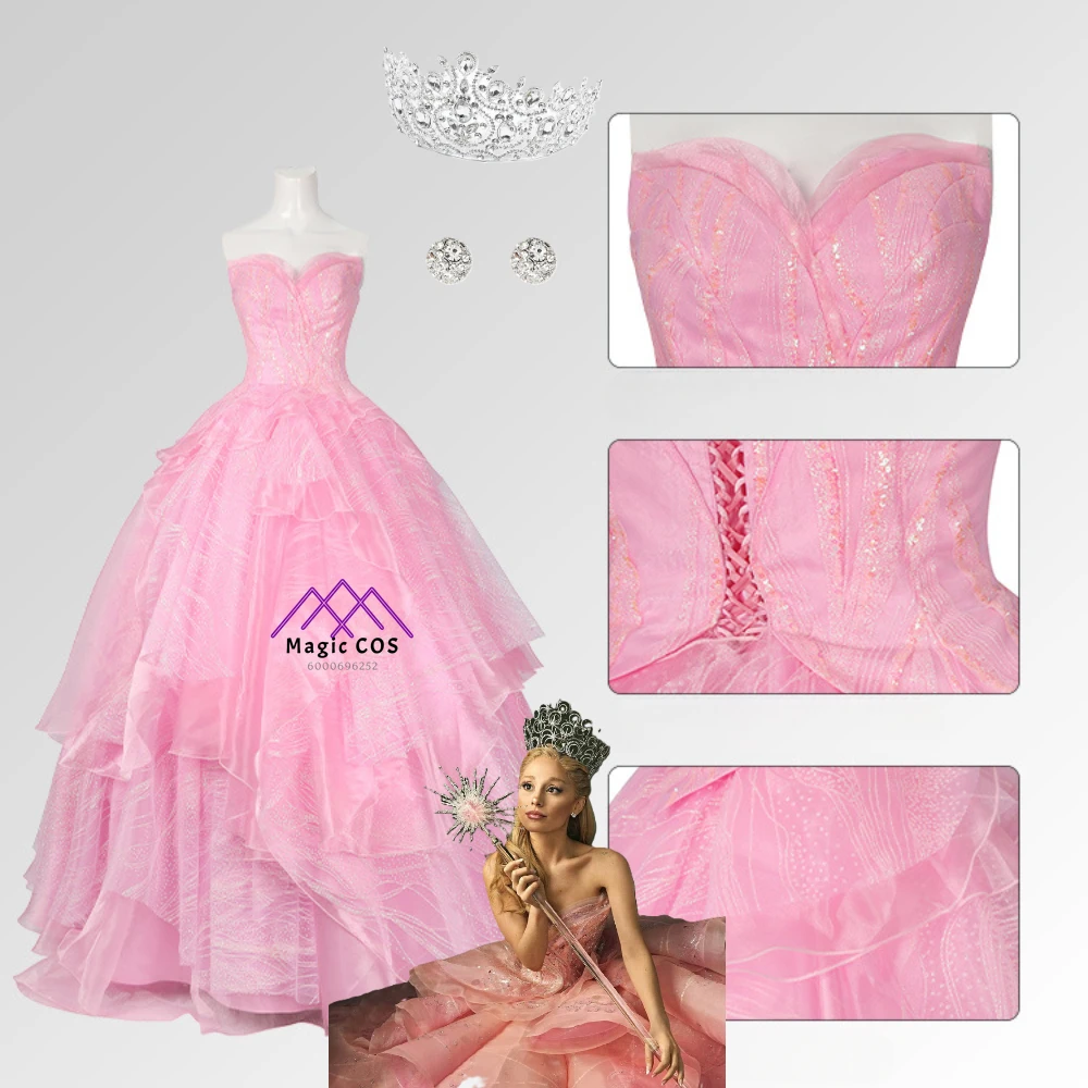 

Anime Glinda Wicked Fashion Cosplay Costume Disguise Pink Dress Halo Roleplay Female Fantasy Outfit Halloween Carnival Uniform