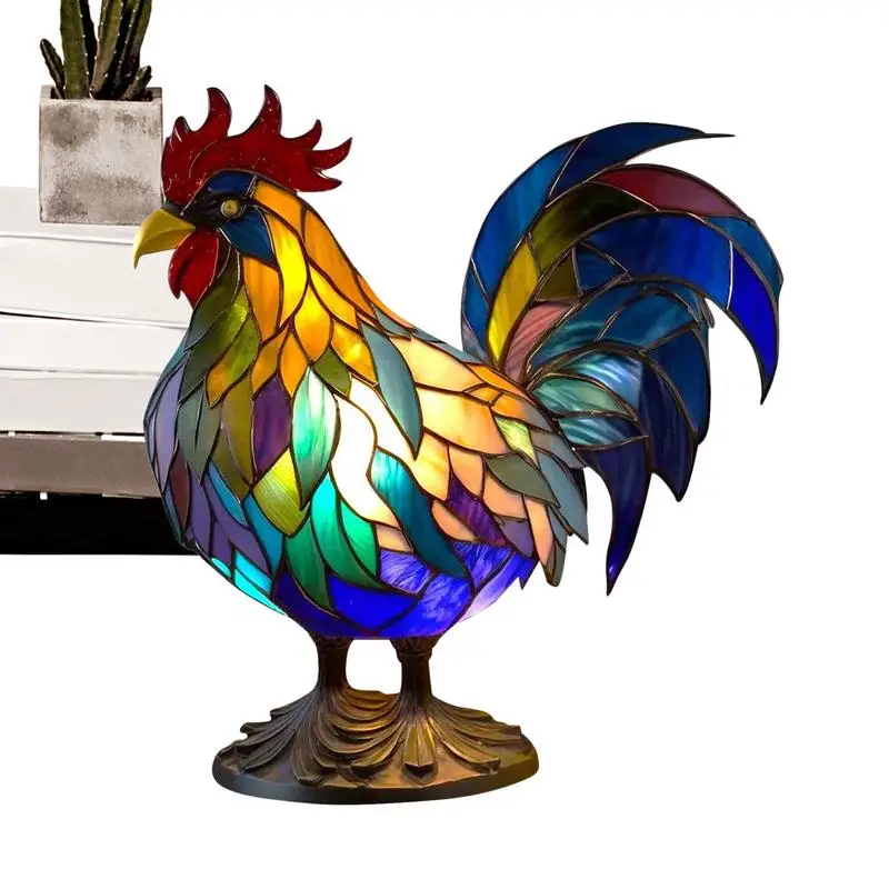 

Stained Glass Lamp Rooster Resin Night Light Retro Gifts Animal Sculpture Housewarming Gifts For Living Room Bedroom Home