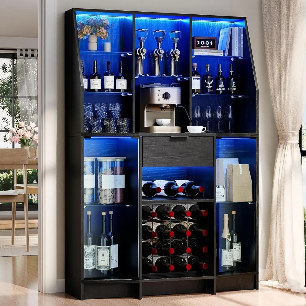 Wine Bar Cabinet with LED Lights Tempered Glass Door 16 Grid Glass Rack Adjustable Shelves Storage Coffee Cabinet for Living