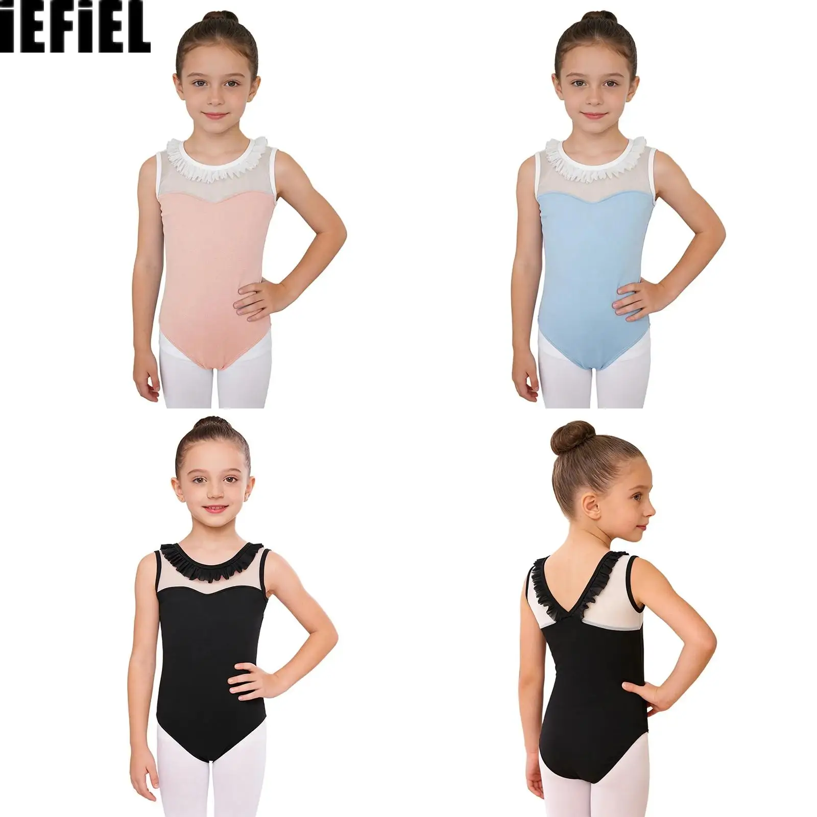 

Kids Girls Sheer Mesh Patchwork Leotard Frilly Collar Figure Skating Leotard Round Neck Bodysuit for Gymnastics Ballet Practice