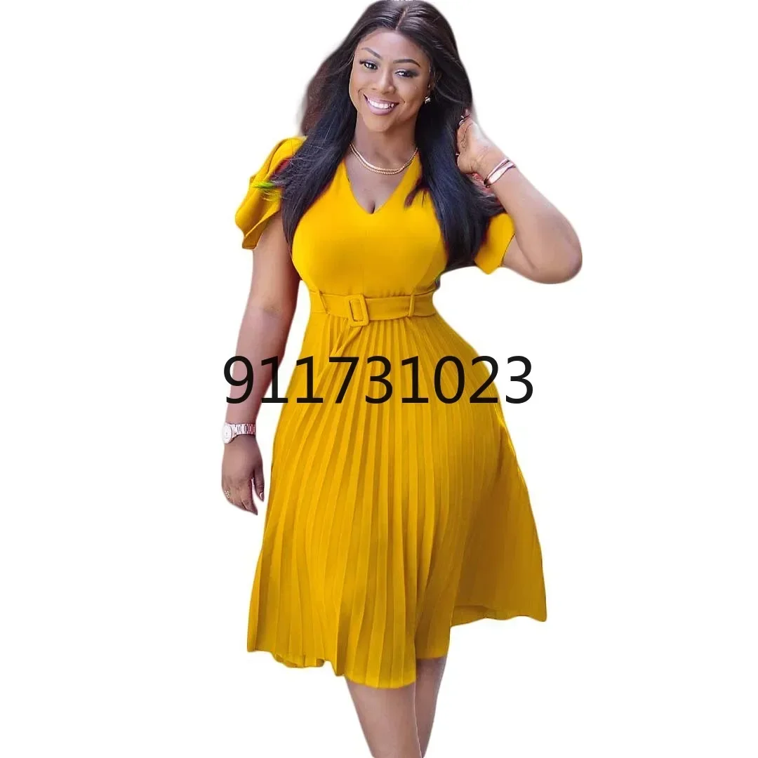 Summer African Dresses for Women 2023 New African Women V-neck Short Sleeve Solid Color Dress African Clothes Women